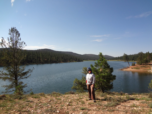 Karen Duquette taking a break from the ATV to enjoy the scenery